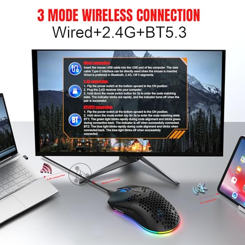 T66 PC Gaming Mouse, BT/2.4G Wireless/Wired, Lightweight Honeycomb Shell, Macro Program, Cool RGB Light, 650mAh Large Battery, 3600 DPI, for PC Gamer -Black Bild 2