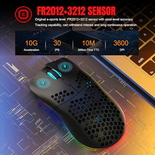 T66 PC Gaming Mouse, BT/2.4G Wireless/Wired, Lightweight Honeycomb Shell, Macro Program, Cool RGB Light, 650mAh Large Battery, 3600 DPI, for PC Gamer -Black Bild 3