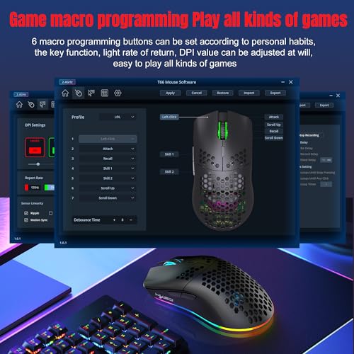 T66 PC Gaming Mouse, BT/2.4G Wireless/Wired, Lightweight Honeycomb Shell, Macro Program, Cool RGB Light, 650mAh Large Battery, 3600 DPI, for PC Gamer -Black Bild 5