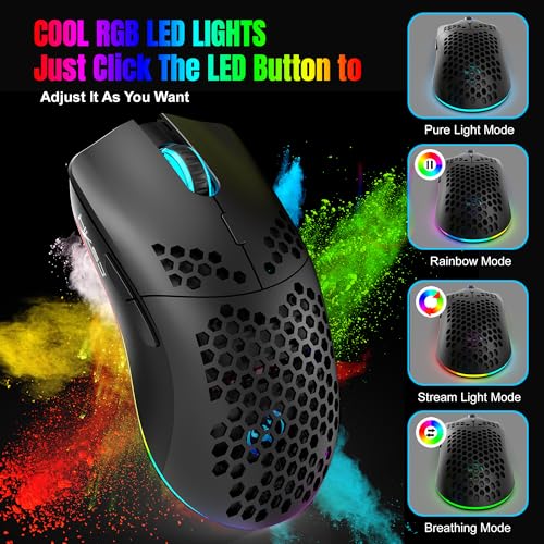 T66 PC Gaming Mouse, BT/2.4G Wireless/Wired, Lightweight Honeycomb Shell, Macro Program, Cool RGB Light, 650mAh Large Battery, 3600 DPI, for PC Gamer -Black Bild 6