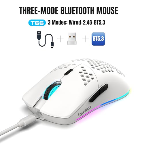 T66 PC Gaming Mouse, BT/2.4G Wireless/Wired, Lightweight Honeycomb Shell, Macro Program, Cool RGB Light, 650mAh Large Battery, 3600 DPI, for PC Gamer -White Bild 2