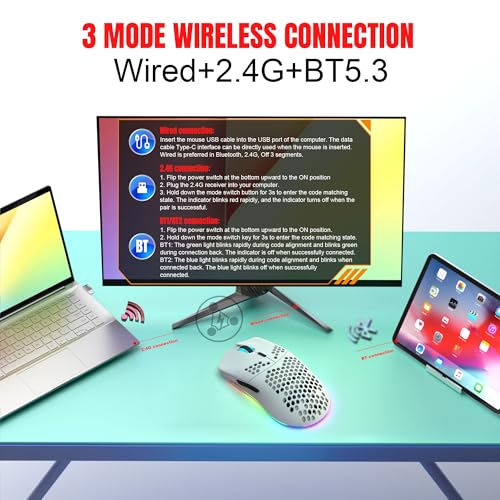 T66 PC Gaming Mouse, BT/2.4G Wireless/Wired, Lightweight Honeycomb Shell, Macro Program, Cool RGB Light, 650mAh Large Battery, 3600 DPI, for PC Gamer -White Bild 3