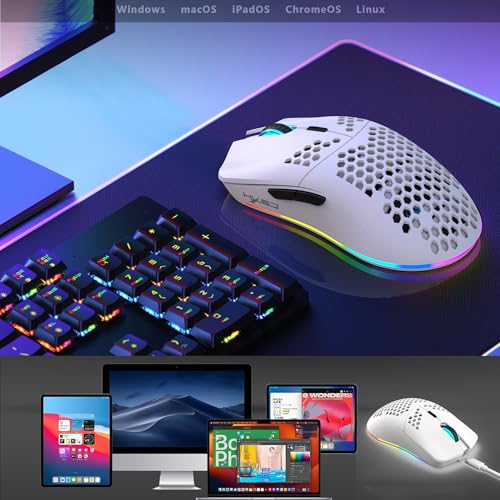T66 PC Gaming Mouse, BT/2.4G Wireless/Wired, Lightweight Honeycomb Shell, Macro Program, Cool RGB Light, 650mAh Large Battery, 3600 DPI, for PC Gamer -White Bild 6