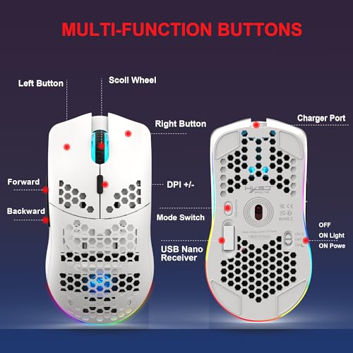 T66 PC Gaming Mouse, BT/2.4G Wireless/Wired, Lightweight Honeycomb Shell, Macro Program, Cool RGB Light, 650mAh Large Battery, 3600 DPI, for PC Gamer -White Bild 7