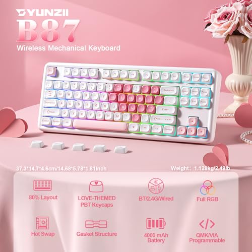 YUNZII B87 Drahtlose Mechanische Tastatur, QMK/VIA Software Custom Gaming Tastatur, Gasket RGB mit MOA Keycaps, Wrist Rest, BT5.0/2.4G/USB-C NKRO für Win/Mac (White Heart, Cocoa Cream v2 linear) Bild 2