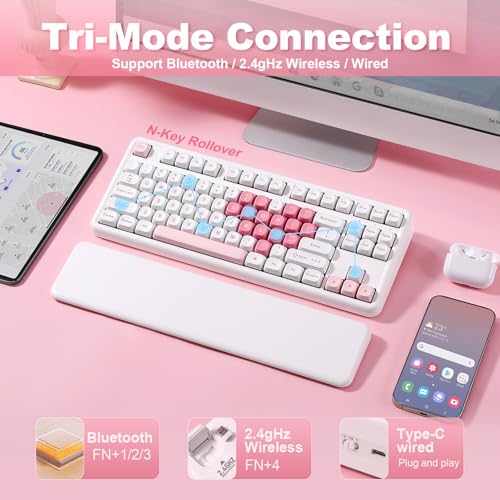 YUNZII B87 Drahtlose Mechanische Tastatur, QMK/VIA Software Custom Gaming Tastatur, Gasket RGB mit MOA Keycaps, Wrist Rest, BT5.0/2.4G/USB-C NKRO für Win/Mac (White Heart, Cocoa Cream v2 linear) Bild 3