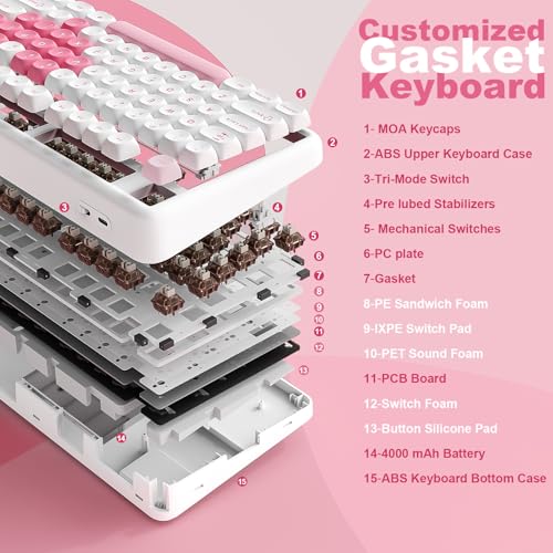 YUNZII B87 Drahtlose Mechanische Tastatur, QMK/VIA Software Custom Gaming Tastatur, Gasket RGB mit MOA Keycaps, Wrist Rest, BT5.0/2.4G/USB-C NKRO für Win/Mac (White Heart, Cocoa Cream v2 linear) Bild 4