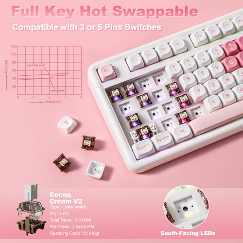YUNZII B87 Drahtlose Mechanische Tastatur, QMK/VIA Software Custom Gaming Tastatur, Gasket RGB mit MOA Keycaps, Wrist Rest, BT5.0/2.4G/USB-C NKRO für Win/Mac (White Heart, Cocoa Cream v2 linear) Bild 6