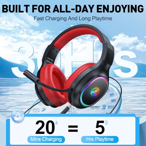 2,4 GHz Wireless Gaming Headset, Geräuschunterdrückende Kabellose Kopfhörer mit Abnehmbarem Mikrofon für PC, Mac, Switch, PS4, PS5, Bluetooth Kopfhörer mit Kabel 3.5mm, Schwarz Rot Bild 2