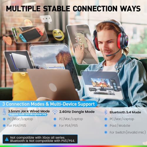 2,4 GHz Wireless Gaming Headset, Geräuschunterdrückende Kabellose Kopfhörer mit Abnehmbarem Mikrofon für PC, Mac, Switch, PS4, PS5, Bluetooth Kopfhörer mit Kabel 3.5mm, Schwarz Rot Bild 4