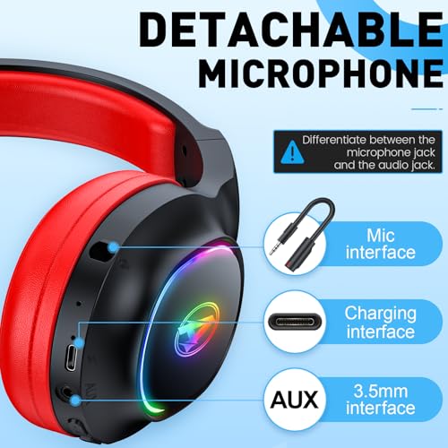 2,4 GHz Wireless Gaming Headset, Geräuschunterdrückende Kabellose Kopfhörer mit Abnehmbarem Mikrofon für PC, Mac, Switch, PS4, PS5, Bluetooth Kopfhörer mit Kabel 3.5mm, Schwarz Rot Bild 5