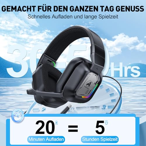 PH4 Wireless Gaming Headset mit Mikrofon, 2,4 GHz Gaming Kopfhörer für PS5, PS4, PC, Switch, Mac, Faltbarer Geräuschunterdrückung Bluetooth Kopfhörer mit LED Licht, Schwarz Bild 2