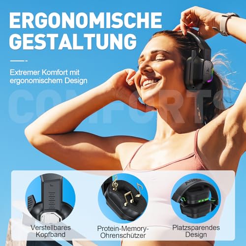 PH4 Wireless Gaming Headset mit Mikrofon, 2,4 GHz Gaming Kopfhörer für PS5, PS4, PC, Switch, Mac, Faltbarer Geräuschunterdrückung Bluetooth Kopfhörer mit LED Licht, Schwarz Bild 5