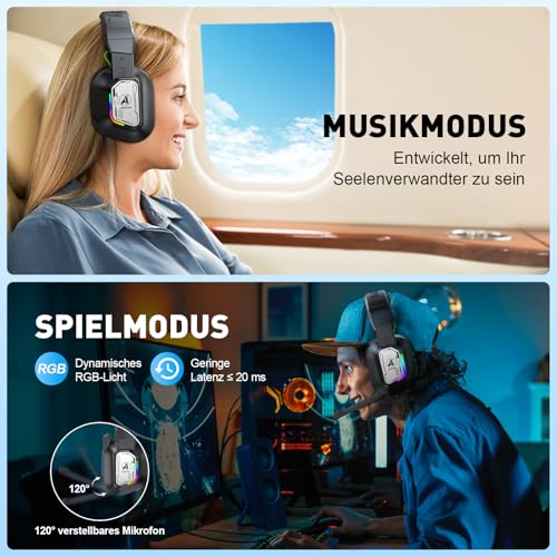 PH4 Wireless Gaming Headset mit Mikrofon, 2,4 GHz Gaming Kopfhörer für PS5, PS4, PC, Switch, Mac, Faltbarer Geräuschunterdrückung Bluetooth Kopfhörer mit LED Licht, Schwarz Bild 6