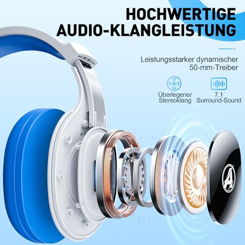 Wireless Gaming Headset für PS4, PS5, PC, Mac, Switch, 2,4 GHz Gaming Kopfhörer mit Geräuschunterdrückung und RGB Licht, Bluetooth Kopfhörer mit Kabel 3.5mm, Weiß Blau Bild 2