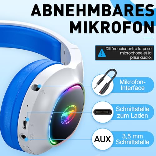 Wireless Gaming Headset für PS4, PS5, PC, Mac, Switch, 2,4 GHz Gaming Kopfhörer mit Geräuschunterdrückung und RGB Licht, Bluetooth Kopfhörer mit Kabel 3.5mm, Weiß Blau Bild 4