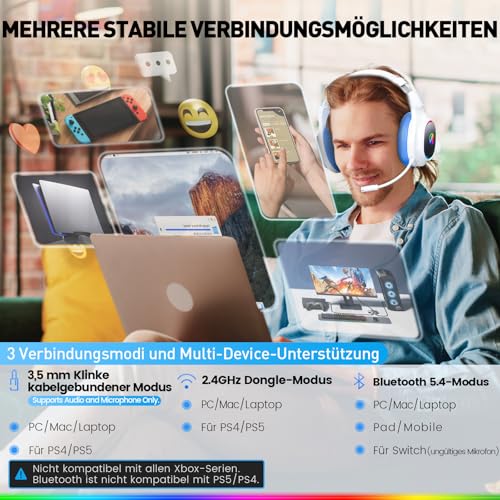 Wireless Gaming Headset für PS4, PS5, PC, Mac, Switch, 2,4 GHz Gaming Kopfhörer mit Geräuschunterdrückung und RGB Licht, Bluetooth Kopfhörer mit Kabel 3.5mm, Weiß Blau Bild 5