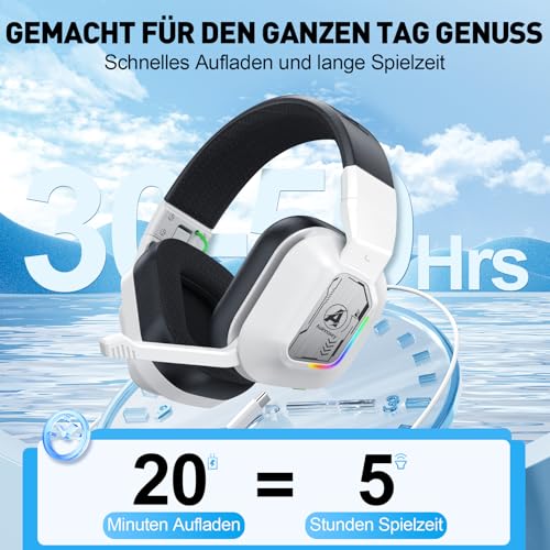 PH4 Wireless Gaming Headset mit Mikrofon, 2,4 GHz Gaming Kopfhörer für PS5, PS4, PC, Switch, Mac, Faltbarer Geräuschunterdrückung Bluetooth Kopfhörer mit LED Licht, Weiß Schwarz Bild 2