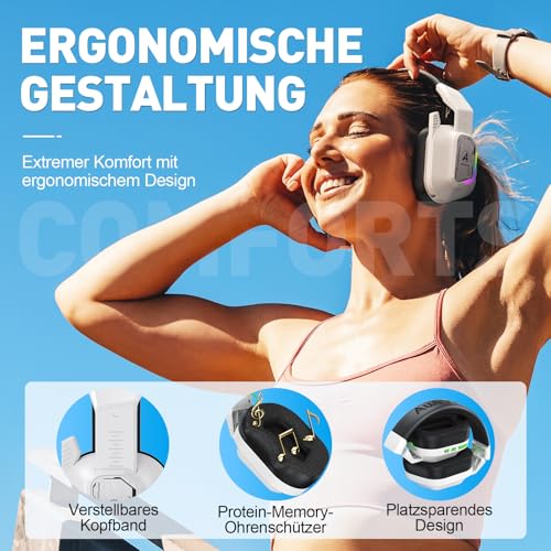PH4 Wireless Gaming Headset mit Mikrofon, 2,4 GHz Gaming Kopfhörer für PS5, PS4, PC, Switch, Mac, Faltbarer Geräuschunterdrückung Bluetooth Kopfhörer mit LED Licht, Weiß Schwarz Bild 4