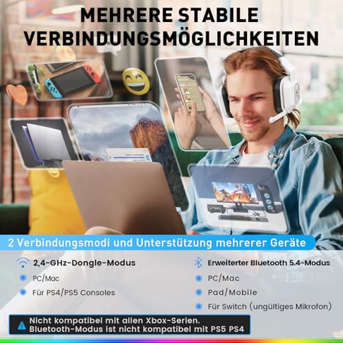 PH4 Wireless Gaming Headset mit Mikrofon, 2,4 GHz Gaming Kopfhörer für PS5, PS4, PC, Switch, Mac, Faltbarer Geräuschunterdrückung Bluetooth Kopfhörer mit LED Licht, Weiß Schwarz Bild 5
