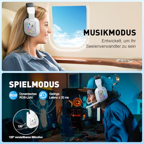 PH4 Wireless Gaming Headset mit Mikrofon, 2,4 GHz Gaming Kopfhörer für PS5, PS4, PC, Switch, Mac, Faltbarer Geräuschunterdrückung Bluetooth Kopfhörer mit LED Licht, Weiß Schwarz Bild 6