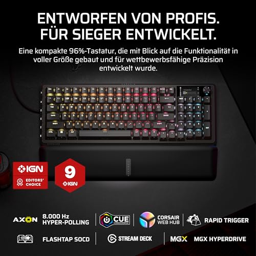 Corsair Vanguard PRO 96 Kabelgebundene Hall-Effekt Magnetisch-Mechanisch Gaming-Tastatur – 96 Prozent, MGX Hyperdrive Schalter, 8000Hz, Rapid Trigger, Virtual Stream Deck, SOCD Flashtap, QWERTZ DE Bild 2