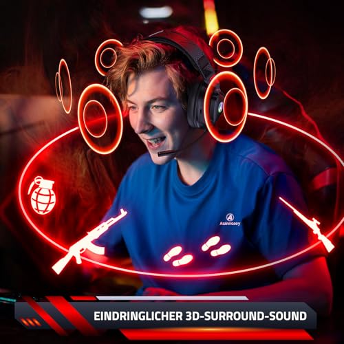 PH3 Wireless Gaming Headset für PS5, PS4, Switch, PC, Mac, Bluetooth Kopfhörer mit Abnehmbarem Mikrofon, Leichtes Bluetooth Headset mit RGB Licht, 50 Stunden Akku, Schwarz Rot Bild 2
