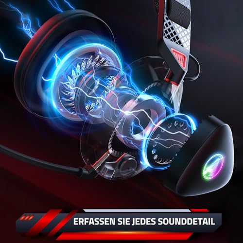 PH3 Wireless Gaming Headset für PS5, PS4, Switch, PC, Mac, Bluetooth Kopfhörer mit Abnehmbarem Mikrofon, Leichtes Bluetooth Headset mit RGB Licht, 50 Stunden Akku, Schwarz Rot Bild 3