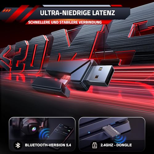 PH3 Wireless Gaming Headset für PS5, PS4, Switch, PC, Mac, Bluetooth Kopfhörer mit Abnehmbarem Mikrofon, Leichtes Bluetooth Headset mit RGB Licht, 50 Stunden Akku, Schwarz Rot Bild 4