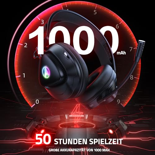 PH3 Wireless Gaming Headset für PS5, PS4, Switch, PC, Mac, Bluetooth Kopfhörer mit Abnehmbarem Mikrofon, Leichtes Bluetooth Headset mit RGB Licht, 50 Stunden Akku, Schwarz Rot Bild 5
