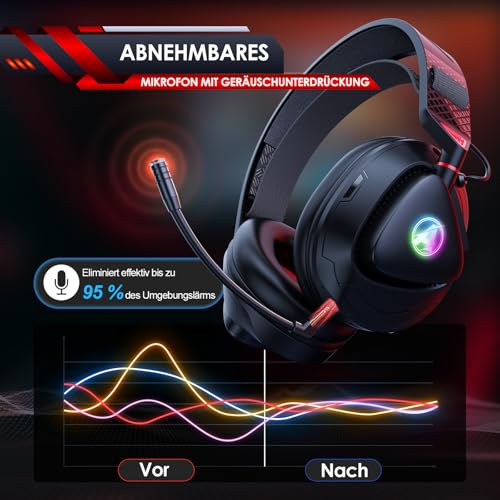 PH3 Wireless Gaming Headset für PS5, PS4, Switch, PC, Mac, Bluetooth Kopfhörer mit Abnehmbarem Mikrofon, Leichtes Bluetooth Headset mit RGB Licht, 50 Stunden Akku, Schwarz Rot Bild 6
