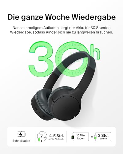 Belkin SoundForm Mini kabelloser Kinderkopfhörer mit integriertem Mikrofon und lustigen Aufklebern, 30 Std. Wiedergabe – Over-Ear-Kopfhörer für Unterricht, Ferien, iPhone, iPad, Galaxy – Schwarz Bild 4