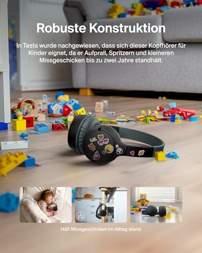 Belkin SoundForm Mini kabelloser Kinderkopfhörer mit integriertem Mikrofon und lustigen Aufklebern, 30 Std. Wiedergabe – Over-Ear-Kopfhörer für Unterricht, Ferien, iPhone, iPad, Galaxy – Schwarz Bild 5
