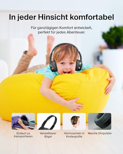 Belkin SoundForm Mini kabelloser Kinderkopfhörer mit integriertem Mikrofon und lustigen Aufklebern, 30 Std. Wiedergabe – Over-Ear-Kopfhörer für Unterricht, Ferien, iPhone, iPad, Galaxy – Schwarz Bild 7