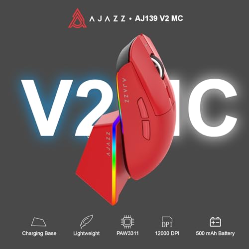 AJAZZ AJ139 V2 MC Wireless Gaming Mouse, PAW3311 Sensor, 24K DPI, 2.4G/USB-C/BT, 500mAh Battery, Ultra-Light 66g, RGB Magnetic Charging Base, 80 Million Clicks Life, Compatible with PC and Mac, Red Bild 2