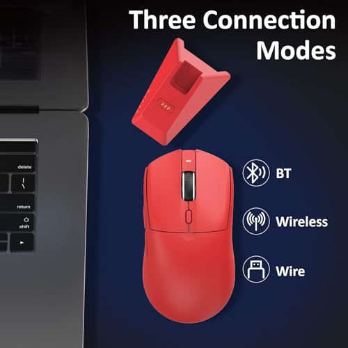 AJAZZ AJ139 V2 MC Wireless Gaming Mouse, PAW3311 Sensor, 24K DPI, 2.4G/USB-C/BT, 500mAh Battery, Ultra-Light 66g, RGB Magnetic Charging Base, 80 Million Clicks Life, Compatible with PC and Mac, Red Bild 4