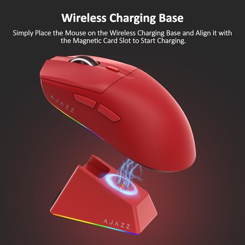 AJAZZ AJ139 V2 MC Wireless Gaming Mouse, PAW3311 Sensor, 24K DPI, 2.4G/USB-C/BT, 500mAh Battery, Ultra-Light 66g, RGB Magnetic Charging Base, 80 Million Clicks Life, Compatible with PC and Mac, Red Bild 5