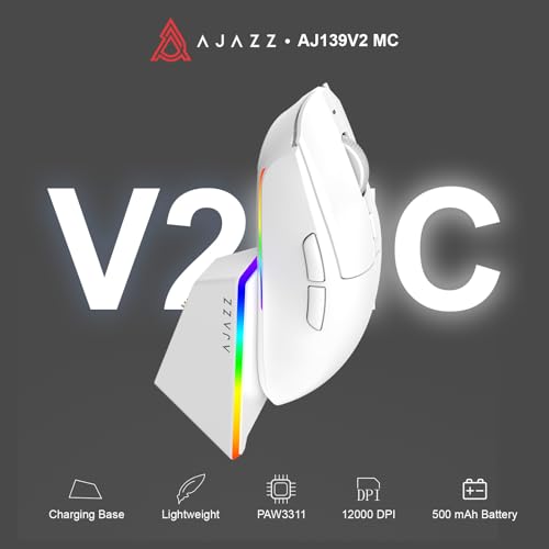 AJAZZ AJ139 V2 MC Wireless Gaming Mouse, PAW3311 Sensor, 24K DPI, 2.4G/USB-C/BT, 500mAh Battery, Ultra-Light 66g, RGB Magnetic Charging Base, 80 Million Clicks Life, Compatible with PC and Mac, White Bild 2