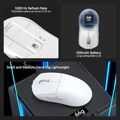 AJAZZ AJ139 V2 MC Wireless Gaming Mouse, PAW3311 Sensor, 24K DPI, 2.4G/USB-C/BT, 500mAh Battery, Ultra-Light 66g, RGB Magnetic Charging Base, 80 Million Clicks Life, Compatible with PC and Mac, White Bild 5
