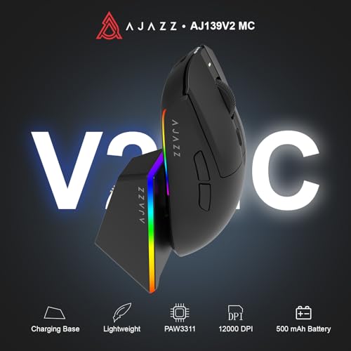 AJAZZ AJ139 V2 MC Wireless Gaming Mouse, PAW3311 Sensor, 24K DPI, 2.4G/USB-C/BT, 500mAh Battery, Ultra-Light 66g, RGB Magnetic Charging Base, 80 Million Clicks Life, Compatible with PC and Mac, Black Bild 2