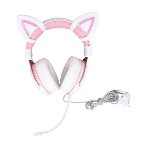 Cat -Ohr -Gaming -Headset mit RGB -Lichtern, Niedlicher Kopfhörer mit Geräuschstündungsmikrofon für Mädchen, über Dem Ohr -PC -Headset für PC, Laptop Verdrahtet (Weißrosa mit Katzenohren Bild 1