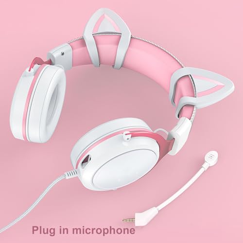 Cat -Ohr -Gaming -Headset mit RGB -Lichtern, Niedlicher Kopfhörer mit Geräuschstündungsmikrofon für Mädchen, über Dem Ohr -PC -Headset für PC, Laptop Verdrahtet (Weißrosa mit Katzenohren Bild 4