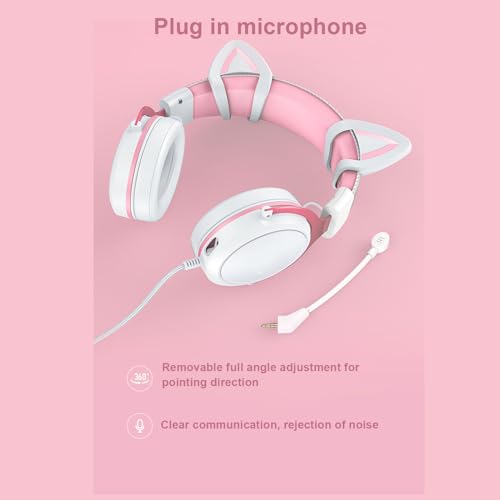 Cat -Ohr -Gaming -Headset mit RGB -Lichtern, Niedlicher Kopfhörer mit Geräuschstündungsmikrofon für Mädchen, über Dem Ohr -PC -Headset für PC, Laptop Verdrahtet (Weißrosa mit Katzenohren Bild 5