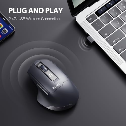 INPHIC M9 Kabellose Maus Wiederaufladbar, Ergonomische 2.4G Schnurlose Maus mit USB Nano Empfänger für Laptop PC Computer, Akkustand sichtbar, 2400DPI, Silent Click, Schwarz Bild 2