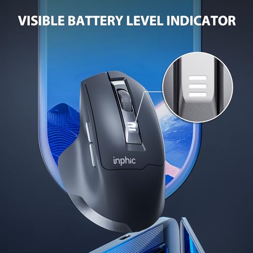 INPHIC M9 Kabellose Maus Wiederaufladbar, Ergonomische 2.4G Schnurlose Maus mit USB Nano Empfänger für Laptop PC Computer, Akkustand sichtbar, 2400DPI, Silent Click, Schwarz Bild 3