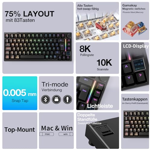 GK GAMAKAY TK75HE V2 Rapid Trigger Kabelloses Gaming Tastatur QWERTZ (ISO-DE Layout) mit TFT Bildschirm,BT/2.4GHz/USB-C 8KHz 0,005mm RT,Hall Effekt Magnetschalter Tastatur (Schwarz Magnetic Mercury) Bild 3