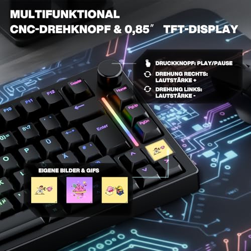 GK GAMAKAY TK75HE V2 Rapid Trigger Kabelloses Gaming Tastatur QWERTZ (ISO-DE Layout) mit TFT Bildschirm,BT/2.4GHz/USB-C 8KHz 0,005mm RT,Hall Effekt Magnetschalter Tastatur (Schwarz Magnetic Mercury) Bild 4