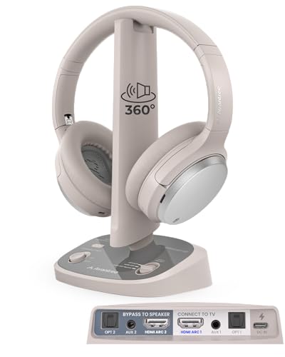 Avantree Crescendo 3D – 3D Surround Sound Funkkopfhörer Kabellos TV Fernseher, Cinema Modus, Transmitter-Ladestation mit HDMI ARC Passthrough für Soundbar, 60 Std. Laufzeit, Austauschbarer Akku Bild 1