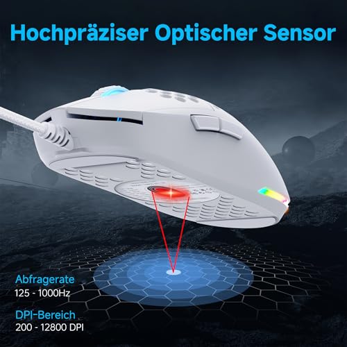 Dierya M1SE Gaming Maus mit Kabel, Ultra-Leicht, 12800DPI Sensor, 6 Programmierbare Tasten, RGB-Beleuchtung & Paracord-Kabel - Mattweiß Bild 2