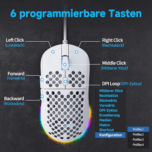 Dierya M1SE Gaming Maus mit Kabel, Ultra-Leicht, 12800DPI Sensor, 6 Programmierbare Tasten, RGB-Beleuchtung & Paracord-Kabel - Mattweiß Bild 3